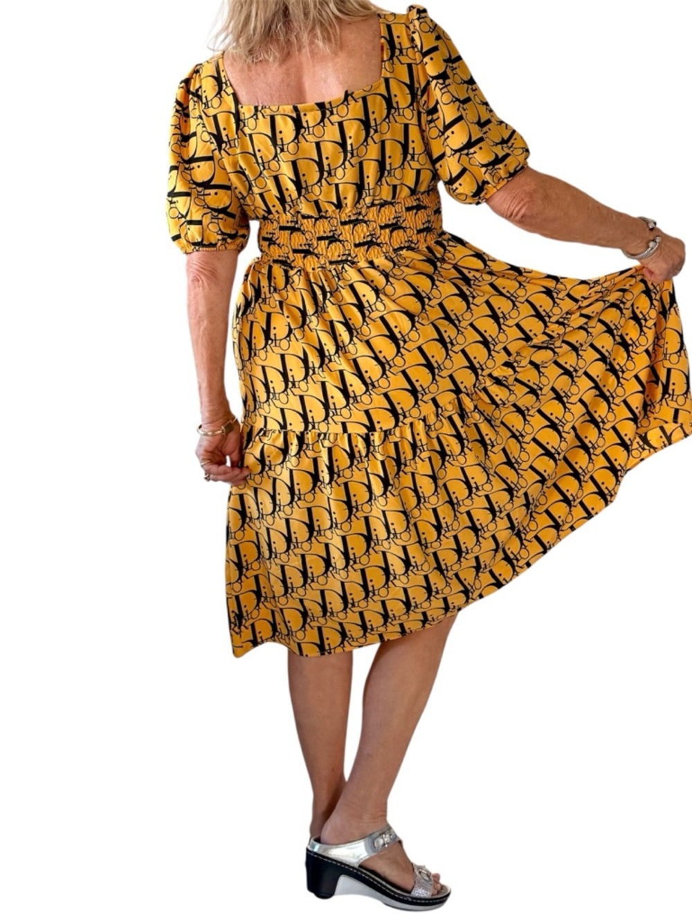 Midi length dress square neck line, mustard yellow & black Dior print fabric - Picture 15 of 15